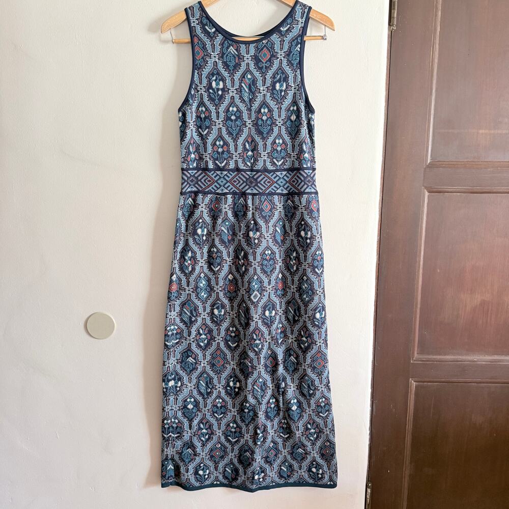 PERUVIAN CONNECTION | Blue Cartouche Pattern PIma Cotton Knit Maxi Dress Medium